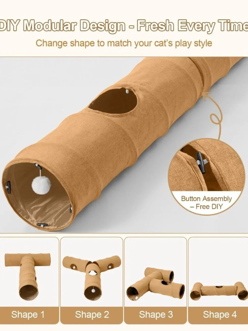 Interactive Cat Tunnel Set - 3 Straight Tunnels, DIY Shapes, Scratch Resistant
